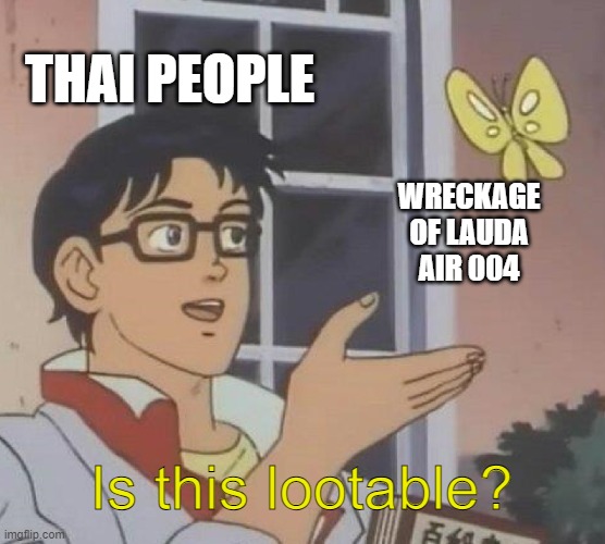 Sad part is that this actually happened | THAI PEOPLE; WRECKAGE
OF LAUDA
AIR 004; Is this lootable? | image tagged in memes,is this a pigeon | made w/ Imgflip meme maker