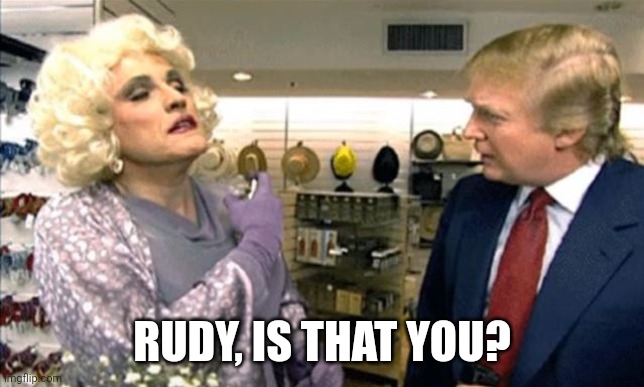 Rudy Giuliani drag, but which bathroom? | RUDY, IS THAT YOU? | image tagged in rudy giuliani drag but which bathroom | made w/ Imgflip meme maker