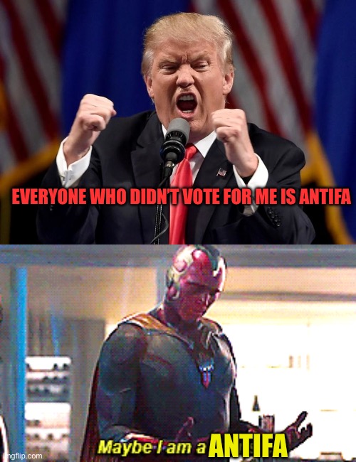EVERYONE WHO DIDN’T VOTE FOR ME IS ANTIFA ANTIFA | image tagged in angry trump,maybe i am a monster | made w/ Imgflip meme maker