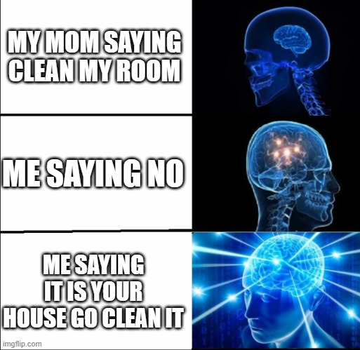 clean your room | MY MOM SAYING CLEAN MY ROOM; ME SAYING NO; ME SAYING IT IS YOUR HOUSE GO CLEAN IT | image tagged in galaxy brain 3 brains | made w/ Imgflip meme maker