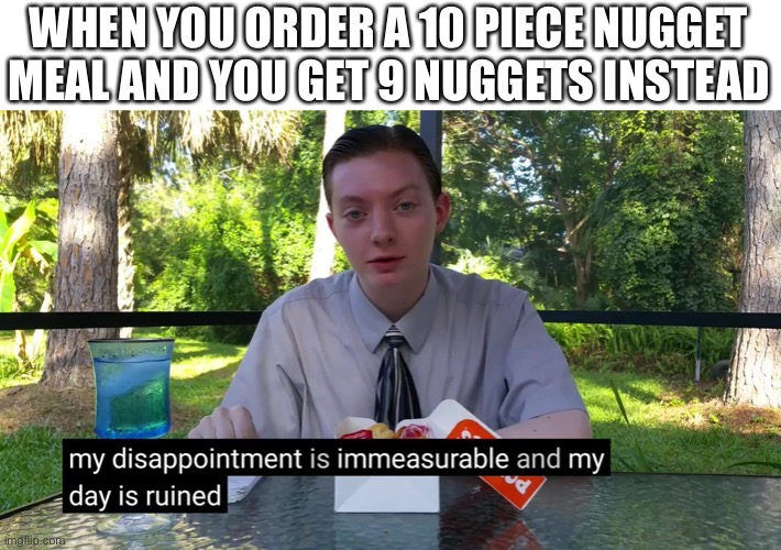 My Disappointment Is Immeasurable | WHEN YOU ORDER A 10 PIECE NUGGET MEAL AND YOU GET 9 NUGGETS INSTEAD | image tagged in my disappointment is immeasurable | made w/ Imgflip meme maker
