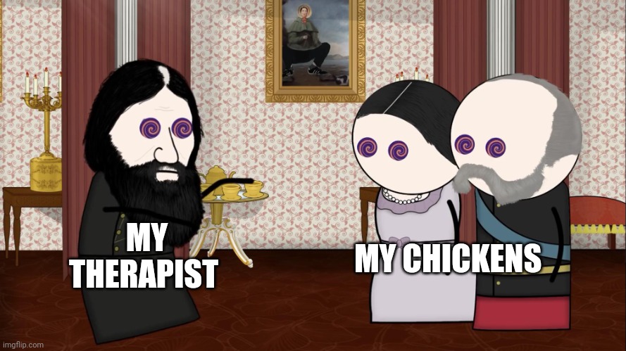 My chickens are afraid of everything, so I hired my therapist to hypnotize them | MY CHICKENS; MY THERAPIST | image tagged in hypnotizing people | made w/ Imgflip meme maker
