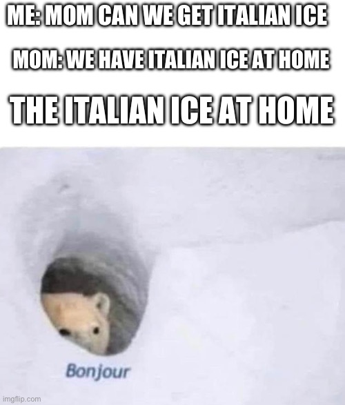 If you have never tried Italian ice, You are Mia out | ME: MOM CAN WE GET ITALIAN ICE; MOM: WE HAVE ITALIAN ICE AT HOME; THE ITALIAN ICE AT HOME | image tagged in bonjour | made w/ Imgflip meme maker