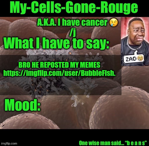 My-Cells-Gone-Rouge announcement | BRO HE REPOSTED MY MEMES
https://imgflip.com/user/BubbleFish. | image tagged in my-cells-gone-rouge announcement | made w/ Imgflip meme maker