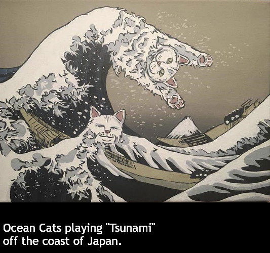 ocean cats playing | Ocean Cats playing "Tsunami" 
off the coast of Japan. | image tagged in memes,cats,waves,ocean | made w/ Imgflip meme maker