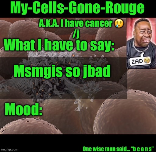 My-Cells-Gone-Rouge announcement | Msmgis so jbad | image tagged in my-cells-gone-rouge announcement | made w/ Imgflip meme maker