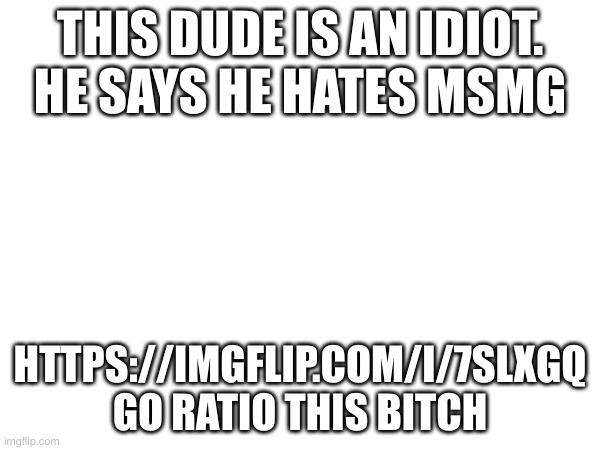 THIS DUDE IS AN IDIOT. HE SAYS HE HATES MSMG; HTTPS://IMGFLIP.COM/I/7SLXGQ GO RATIO THIS BITCH | made w/ Imgflip meme maker
