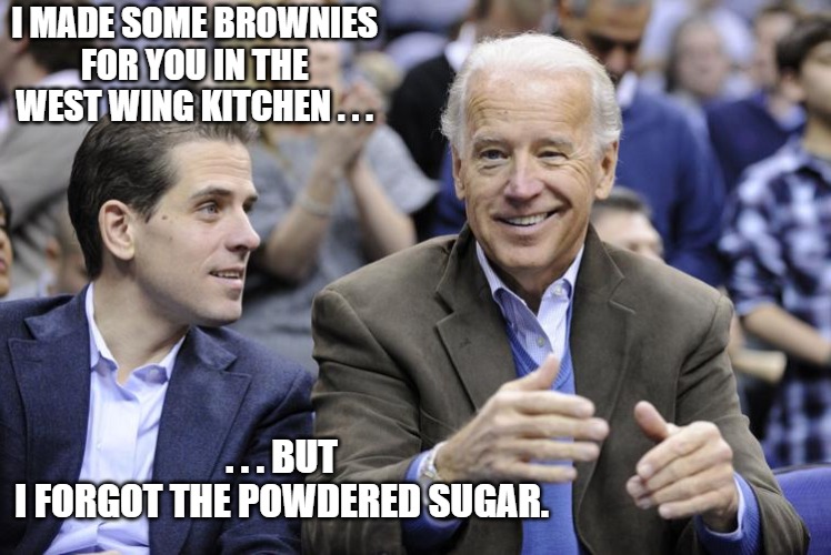 Hunter Biden | I MADE SOME BROWNIES FOR YOU IN THE WEST WING KITCHEN . . . . . . BUT I FORGOT THE POWDERED SUGAR. | image tagged in cocaine | made w/ Imgflip meme maker