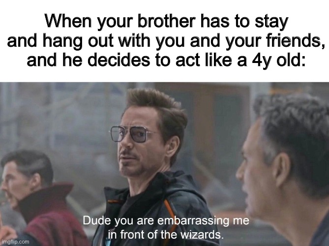 Siblings = embarrassment ~_~ | When your brother has to stay and hang out with you and your friends, and he decides to act like a 4y old: | image tagged in embarassing me in front of the wizards | made w/ Imgflip meme maker