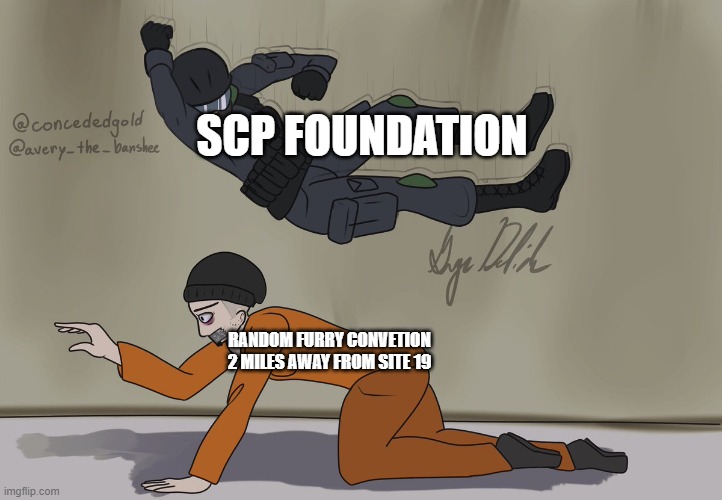 Guard and D-boi | SCP FOUNDATION; RANDOM FURRY CONVETION 2 MILES AWAY FROM SITE 19 | image tagged in guard and d-boi | made w/ Imgflip meme maker