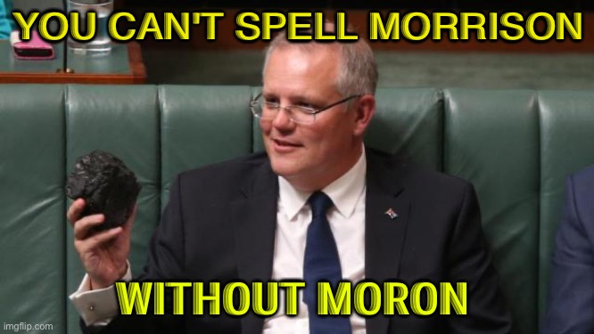 You Can't Spell Morrison | YOU CAN'T SPELL MORRISON; WITHOUT MORON | image tagged in scott morrison coal | made w/ Imgflip meme maker