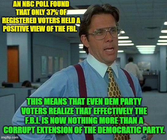 Even Dem voters know what's really happening . . . but they will STILL vote Democrat. | AN NBC POLL FOUND THAT ONLY 37% OF REGISTERED VOTERS HELD A POSITIVE VIEW OF THE FBI. THIS MEANS THAT EVEN DEM PARTY VOTERS REALIZE THAT EFFECTIVELY THE F.B.I. IS NOW NOTHING MORE THAN A CORRUPT EXTENSION OF THE DEMOCRATIC PARTY. | image tagged in that would be great | made w/ Imgflip meme maker