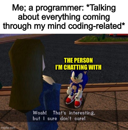 They don’t get it :( | Me; a programmer: *Talking about everything coming through my mind coding-related*; THE PERSON I’M CHATTING WITH | image tagged in woah that's interesting but i sure dont care | made w/ Imgflip meme maker