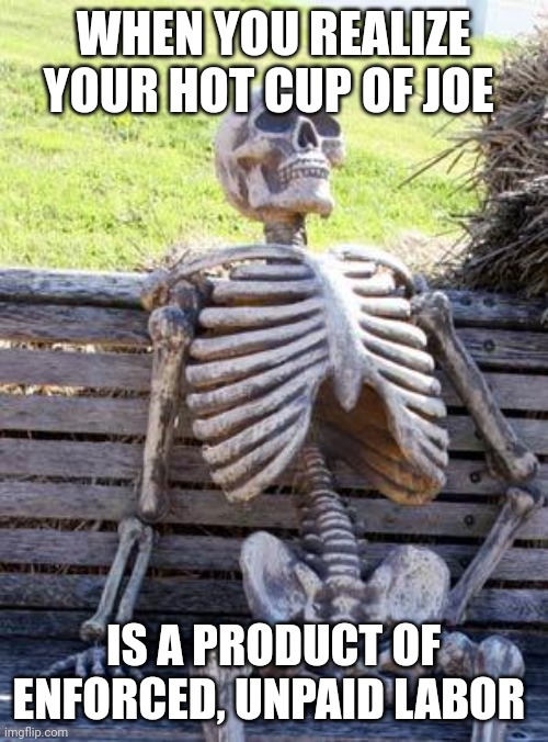 I'm sorry... What kind of labor? | WHEN YOU REALIZE YOUR HOT CUP OF JOE; IS A PRODUCT OF ENFORCED, UNPAID LABOR | image tagged in memes,waiting skeleton,coffee,coffee addict,jpfan102504 | made w/ Imgflip meme maker