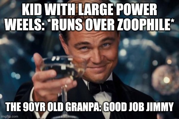 This might happen if no ones looking | KID WITH LARGE POWER WEELS: *RUNS OVER ZOOPHILE*; THE 90YR OLD GRANPA: GOOD JOB JIMMY | image tagged in memes,leonardo dicaprio cheers | made w/ Imgflip meme maker