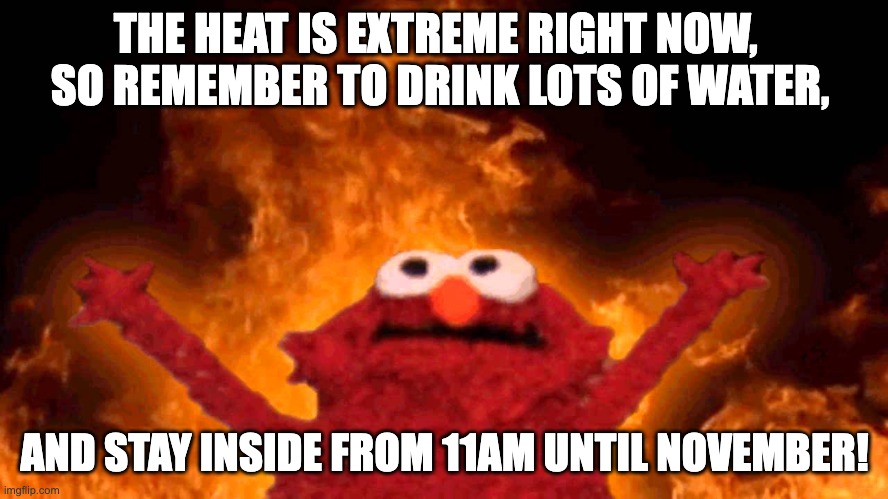 elmo fire | THE HEAT IS EXTREME RIGHT NOW,  
SO REMEMBER TO DRINK LOTS OF WATER, AND STAY INSIDE FROM 11AM UNTIL NOVEMBER! | image tagged in elmo fire | made w/ Imgflip meme maker