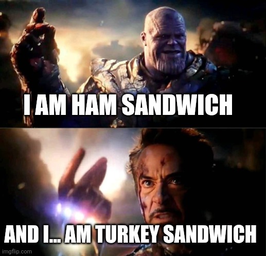 I am turkey sandwich | I AM HAM SANDWICH; AND I... AM TURKEY SANDWICH | image tagged in i am inevitable and i am iron man | made w/ Imgflip meme maker