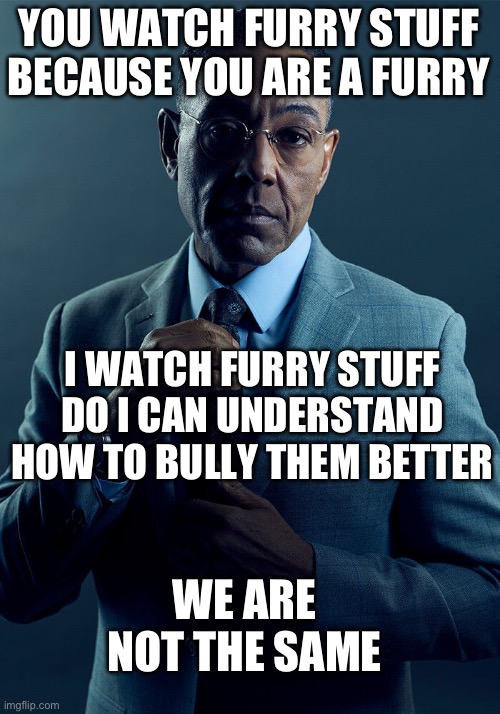 I don’t actually watch furry stuff tho | YOU WATCH FURRY STUFF BECAUSE YOU ARE A FURRY; I WATCH FURRY STUFF DO I CAN UNDERSTAND HOW TO BULLY THEM BETTER; WE ARE NOT THE SAME | image tagged in gus fring we are not the same,antifurry | made w/ Imgflip meme maker