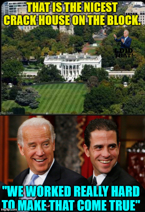 And they're really proud about it... | THAT IS THE NICEST CRACK HOUSE ON THE BLOCK. "WE WORKED REALLY HARD TO MAKE THAT COME TRUE" | image tagged in hunter biden crack head,biden,crime,family | made w/ Imgflip meme maker