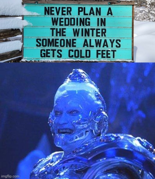 Shiver me timbers Winter Wedding | image tagged in mr freeze,winter,wedding,pun,memes,cold feet | made w/ Imgflip meme maker