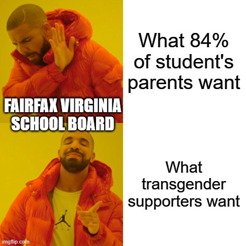 Drake Hotline Bling Meme | What 84% of student's parents want; FAIRFAX VIRGINIA SCHOOL BOARD; What transgender supporters want | image tagged in memes,drake hotline bling | made w/ Imgflip meme maker