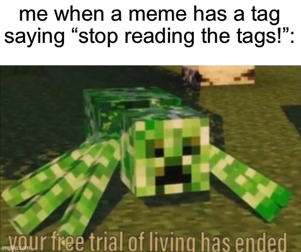 Your Free Trial of Living Has Ended | me when a meme has a tag saying “stop reading the tags!”: | image tagged in your free trial of living has ended,stop reading the tags | made w/ Imgflip meme maker
