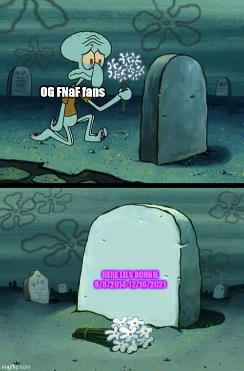 Ripperoni | OG FNaF fans; HERE LIES BONNIE

8/8/2014-12/16/2021 | image tagged in here lies squidward's hope's dreams,bonnie | made w/ Imgflip meme maker
