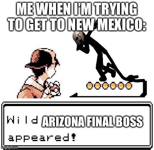 I WILL WIN | ME WHEN I’M TRYING TO GET TO NEW MEXICO:; ARIZONA FINAL BOSS | image tagged in blank wild pokemon appears,arizona | made w/ Imgflip meme maker