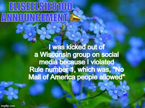 EliseElsie8100 Announcement | I was kicked out of a Wisconsin group on social media because I violated Rule number 1, which was, "No Mall of America people allowed" | image tagged in eliseelsie8100 announcement | made w/ Imgflip meme maker