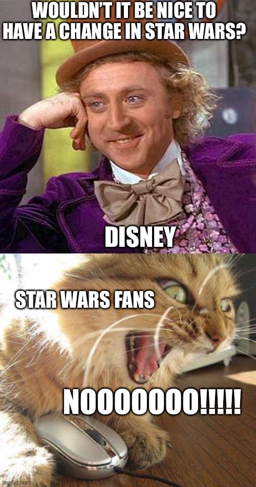 WOULDN’T IT BE NICE TO HAVE A CHANGE IN STAR WARS? DISNEY; STAR WARS FANS; NOOOOOOO!!!!! | image tagged in memes,creepy condescending wonka,angry cat | made w/ Imgflip meme maker