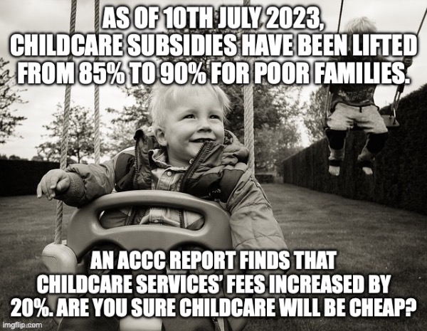 Childcare won’t get cheaper, make childcare free and public | image tagged in daycare swing,daycare,cost of living,auspol,meanwhile in australia,repost | made w/ Imgflip meme maker