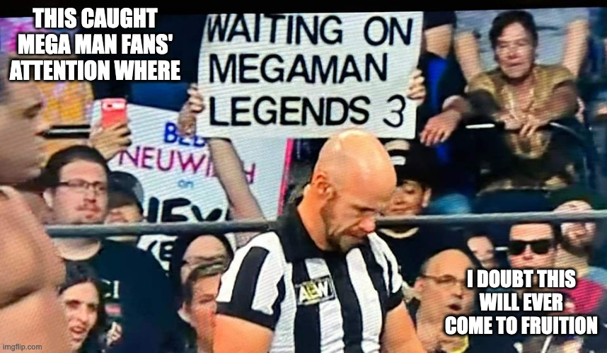 Mega Man Legends Fan Caught on WWE Tournament | THIS CAUGHT MEGA MAN FANS' ATTENTION WHERE; I DOUBT THIS WILL EVER COME TO FRUITION | image tagged in megaman,wwe,megaman legends,memes | made w/ Imgflip meme maker