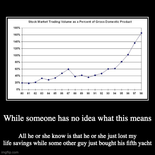 Stock Performance | While someone has no idea what this means | All he or she know is that he or she just lost my life savings while some other guy just bought  | image tagged in funny,demotivationals,stock market | made w/ Imgflip demotivational maker