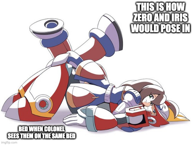 Zero and Iris in Love Pose | THIS IS HOW ZERO AND IRIS WOULD POSE IN; BED WHEN COLONEL SEES THEM ON THE SAME BED | image tagged in zero,iris,megaman,megaman x,memes | made w/ Imgflip meme maker