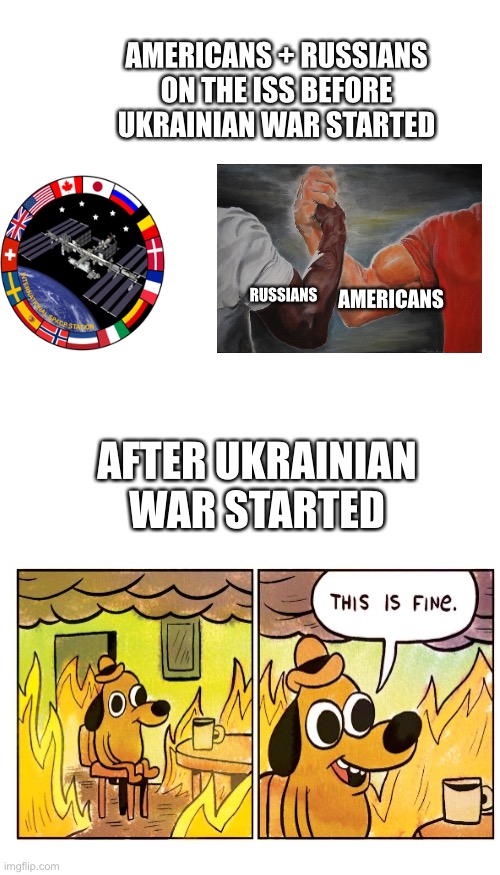 AMERICANS + RUSSIANS ON THE ISS BEFORE UKRAINIAN WAR STARTED; RUSSIANS; AMERICANS; AFTER UKRAINIAN WAR STARTED | image tagged in blank white template,memes,blank transparent square | made w/ Imgflip meme maker