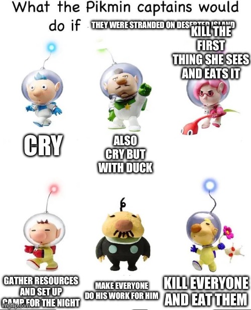 What would the pikmin captains do if | THEY WERE STRANDED ON DESERTED ISLAND; KILL THE FIRST THING SHE SEES AND EATS IT; ALSO CRY BUT WITH DUCK; CRY; MAKE EVERYONE DO HIS WORK FOR HIM; KILL EVERYONE AND EAT THEM; GATHER RESOURCES AND SET UP CAMP FOR THE NIGHT | image tagged in what would the pikmin captains do if | made w/ Imgflip meme maker