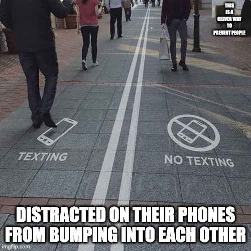 Texting Lane | THIS IS A CLEVER WAY TO PREVENT PEOPLE; DISTRACTED ON THEIR PHONES FROM BUMPING INTO EACH OTHER | image tagged in road,memes | made w/ Imgflip meme maker