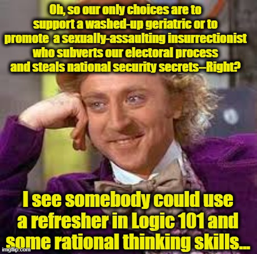 Gene Wilder | Oh, so our only choices are to support a washed-up geriatric or to promote  a sexually-assaulting insurrectionist who subverts our electoral | image tagged in gene wilder | made w/ Imgflip meme maker