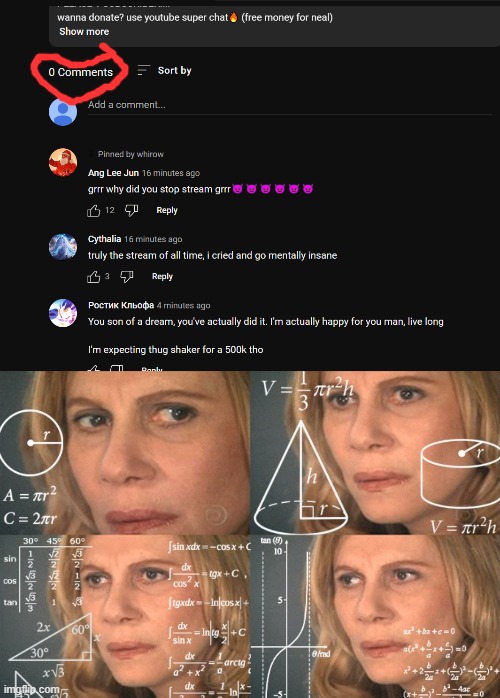 a video with 0 comments with comments | image tagged in calculating meme,memes | made w/ Imgflip meme maker