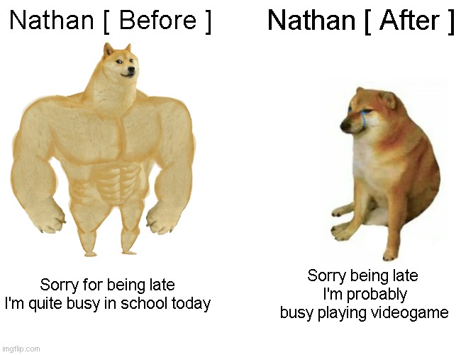 I'm back but | Nathan [ Before ]; Nathan [ After ]; Sorry for being late I'm quite busy in school today; Sorry being late
 I'm probably
 busy playing videogame | image tagged in memes,buff doge vs cheems,clown | made w/ Imgflip meme maker