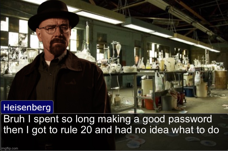 Heisenberg objection template | Bruh I spent so long making a good password then I got to rule 20 and had no idea what to do | image tagged in heisenberg objection template | made w/ Imgflip meme maker