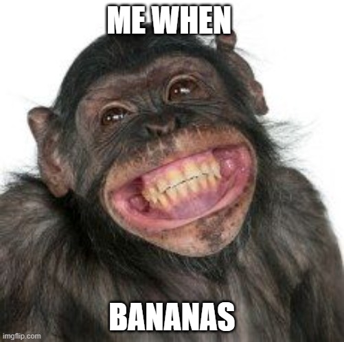 Grinning Chimp | ME WHEN; BANANAS | image tagged in grinning chimp | made w/ Imgflip meme maker