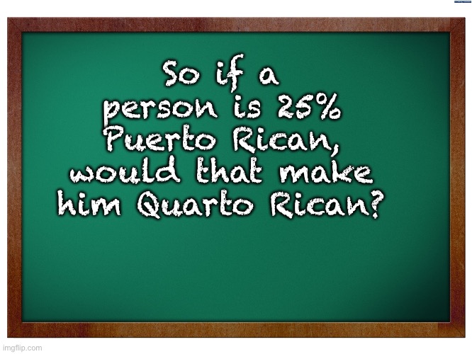 Quarto | So if a person is 25% Puerto Rican, would that make him Quarto Rican? | image tagged in green blank blackboard | made w/ Imgflip meme maker