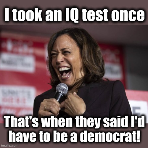 Our idiot vice president | I took an IQ test once; That's when they said I'd
have to be a democrat! | image tagged in kamala laughing,memes,iq test,democrats,joe biden,idiot | made w/ Imgflip meme maker
