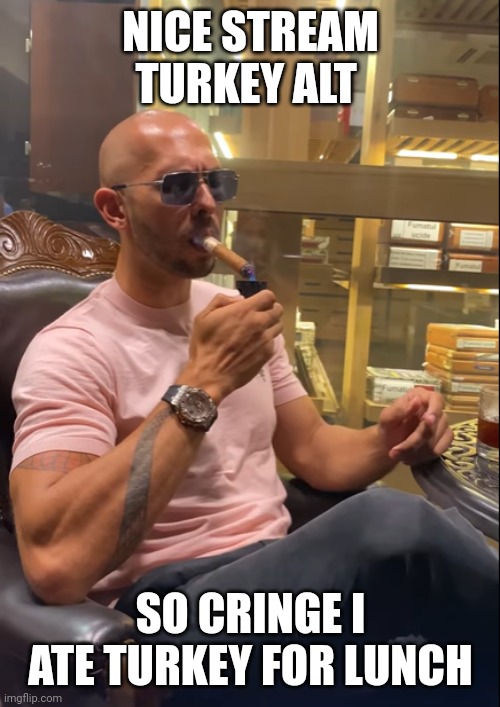 Cry About It | NICE STREAM TURKEY ALT; SO CRINGE I ATE TURKEY FOR LUNCH | image tagged in cry about it | made w/ Imgflip meme maker