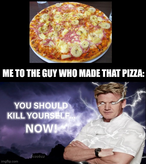 Nah dude what the frick?; | ME TO THE GUY WHO MADE THAT PIZZA: | image tagged in you should kill yourself now,memes,what the hell is this,pizza,disgusting | made w/ Imgflip meme maker