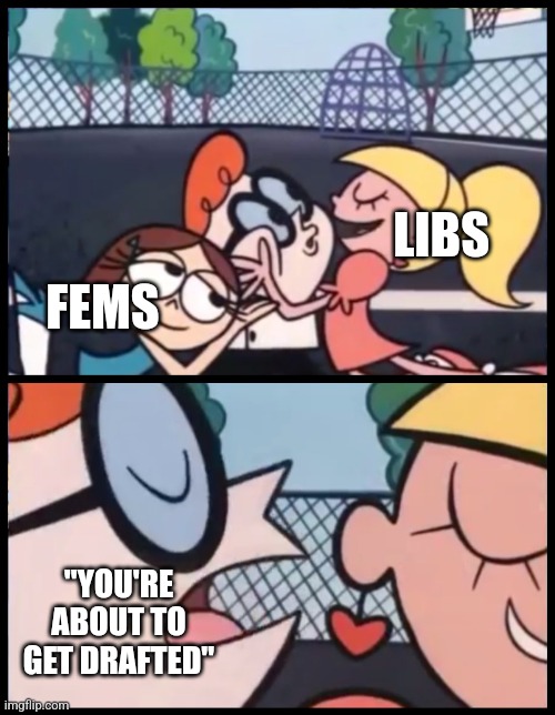 Say it Again, Dexter | LIBS; FEMS; "YOU'RE ABOUT TO GET DRAFTED" | image tagged in memes,say it again dexter | made w/ Imgflip meme maker