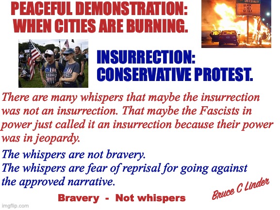 Don't Whisper | PEACEFUL DEMONSTRATION: 
WHEN CITIES ARE BURNING. INSURRECTION: 
CONSERVATIVE PROTEST. There are many whispers that maybe the insurrection
was not an insurrection. That maybe the Fascists in
power just called it an insurrection because their power
was in jeopardy. The whispers are not bravery.
The whispers are fear of reprisal for going against
the approved narrative. Bruce C Linder; Bravery  -  Not whispers | image tagged in insurrection,facism,control,fear,whispers,bravery | made w/ Imgflip meme maker