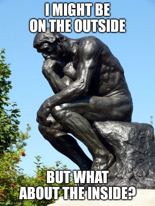 Controversial or not? | I MIGHT BE ON THE OUTSIDE; BUT WHAT ABOUT THE INSIDE? | image tagged in the thinker | made w/ Imgflip meme maker