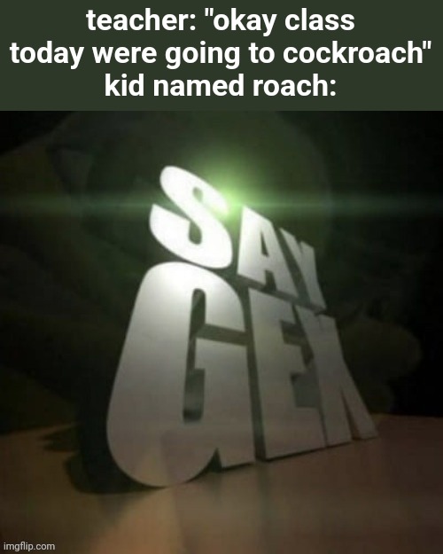 idfk | teacher: "okay class today were going to cockroach"
kid named roach: | image tagged in say gex | made w/ Imgflip meme maker